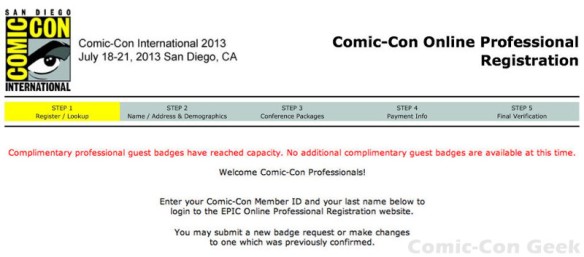 Comic-Con 2013 - Professional Registration - Complimentary Professional Guest Badges Have Reached Capacity - SDCC